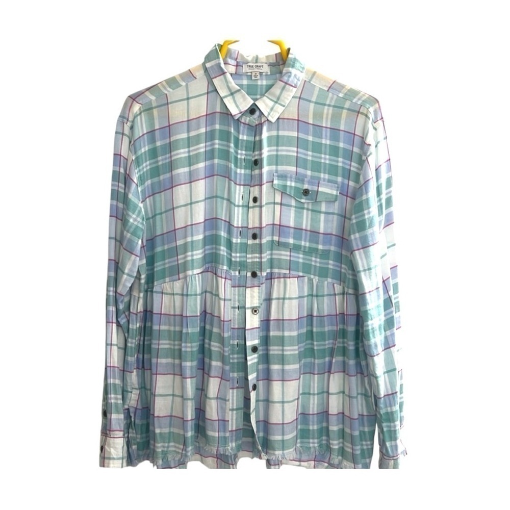 Women’s Preppy Clueless School Girl Peplum Style Raw Hem Plaid Shirt Sz Medium